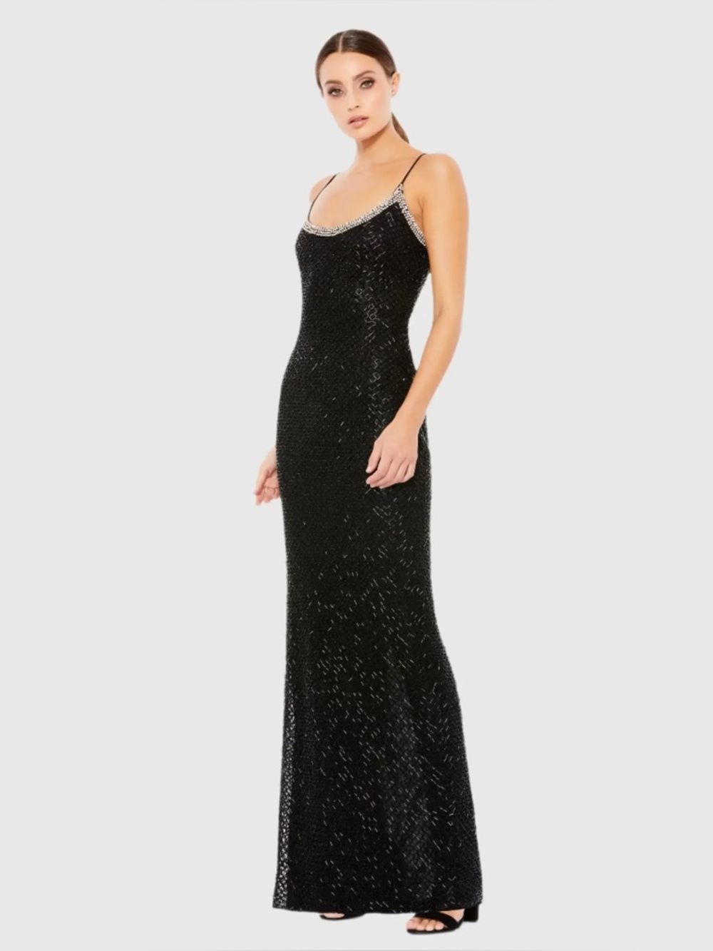 MAC DUGGAL 93551 LATTICE BEADED SPAGHETTI STRAP ABlack COLUMN GOWN Size 4